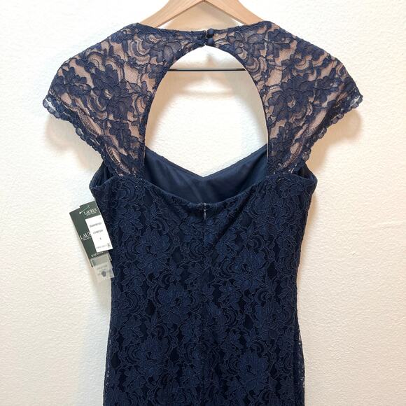 $398 RALPH LAUREN Lace & Floral Print Navy Blue Dress Gown – Size 8 / Medium - Picture 9 of 10